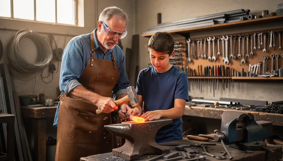 A craft instructor and student working together at an anvil and tool bench in a workshop.