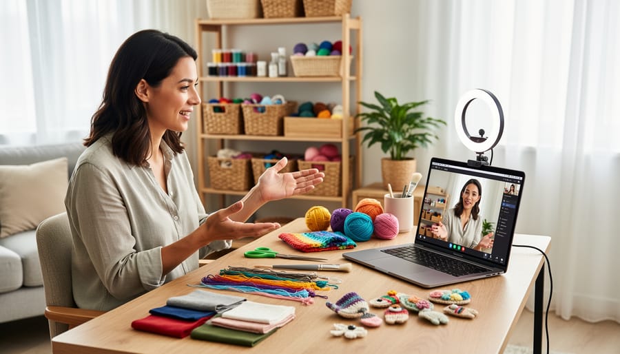 A craft instructor conducting an online lesson from a home workspace with woodworking tools on the table.
