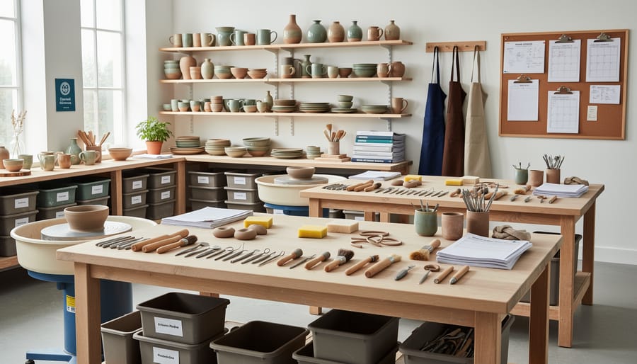 Pottery studio with a ceramic wheel and finished clay vase on shelves while an instructor prepares materials.